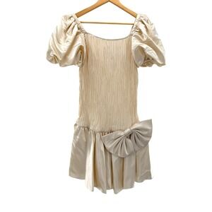 Vintage‎ Cache Ivory Satin Puff Sleeve Bow Mini Dress Prom Coquette 80s Party